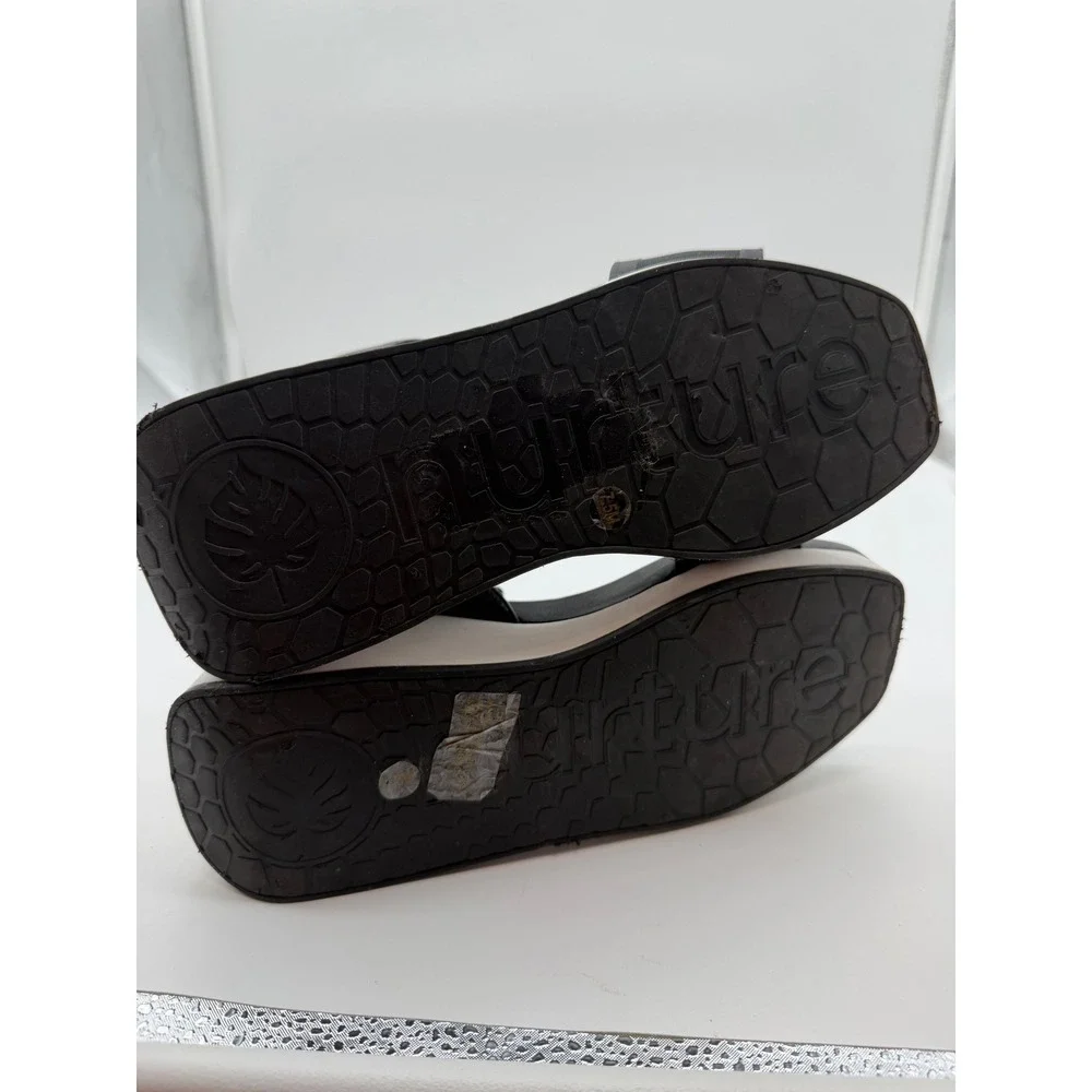 Nurture Profoam Black White Platform Wedge Sandals Square Toe Mesh‎ Strap 7.5M